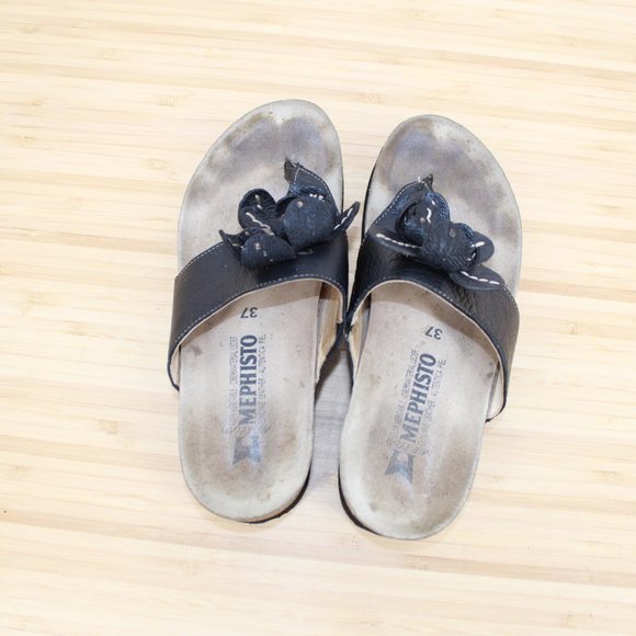 MEPHISTO Women's Violette Flower Black Leather Thong Sandals Cork Footbed 37 / 7 - Picture 6 of 9